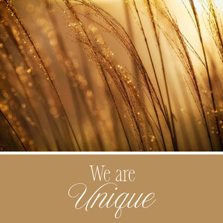 Elorae Jewelry and Accessories "We are Unique" attribute text on a gold background with a blurred golden grass fields image. 