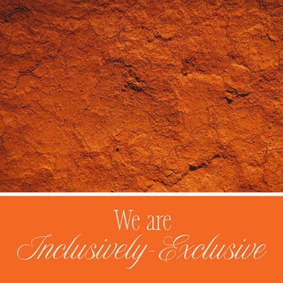 Elorae Jewelry and Accessories "We are Inclusively-Exclusive" attribute text on an orange background with rust-colored orange image.