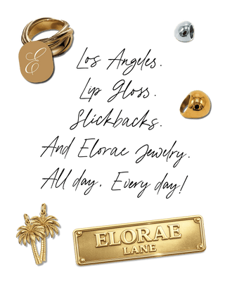 Collection of Elorae gold jewelry charms with 'Elorae Lane' branding on a dark background.
