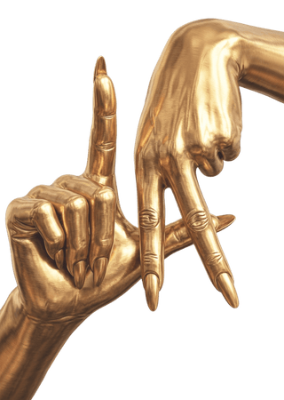 Elorae's "LA" hand gesture gold statue rotating back and forth