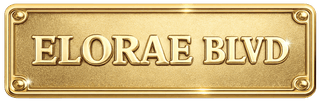 Elorae Jewelry and Accessories Gold nameplate with 'ELORAE LANE' text on a dark background.