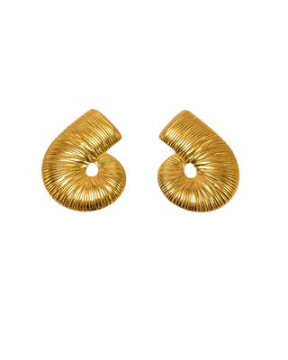 Pair of Elorae gold Metropolis Loop earrings on a white background.