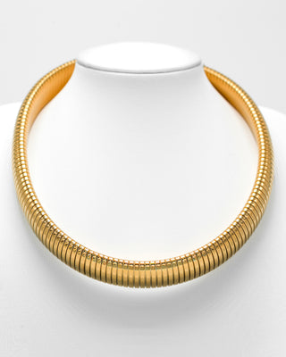 Elorae Jewelry and Accessories gold Torque Choker necklace 16mm on a white mannequin bust against a white background